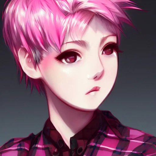 Prompt: full headshot portrait of anime woman with pink pixie cut mohawk, digital art, drawn by WLOP, by Avetetsuya Studios, anime manga panel, trending on artstation, wearing a plaid shirt