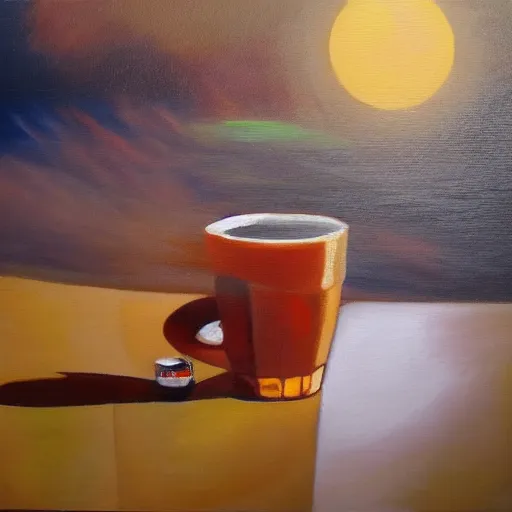 Prompt: oil painting of a plane drinking a coffee