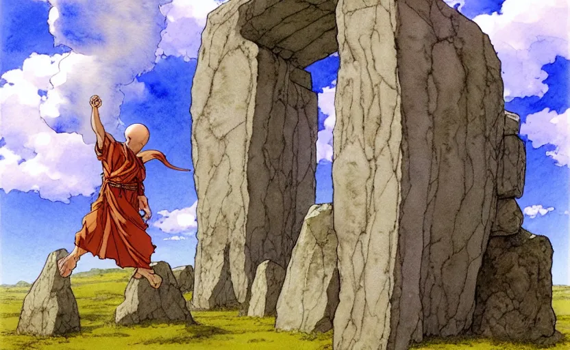 Prompt: a realistic anime watercolor fantasy concept art of a giant monk with a big forehead in grey robes partying in stonehenge. an immense stone is floating in the air. by rebecca guay, michael kaluta, charles vess