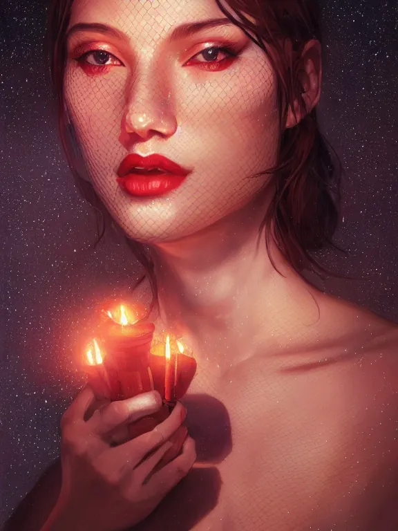 Prompt: hyperrealistic portrait of a woman under starry night sky among noir lanterns wearing fishnets, fantasy art, photo realistic, dynamic lighting, artstation, volumetric lighting, very detailed face, 4 k, award winning, art by artgerm and greg rutkowski and alphonse mucha