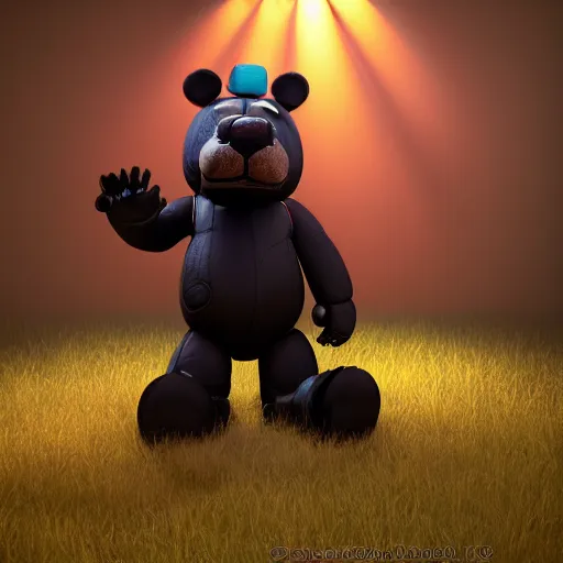 Image similar to A photo of the person in black bear suit, animatronic black Freddy Fazbear with red glowing eyes, 8k, ultra detail, volumetric lighting, unreal engine, octane render, ultra realistic, max quality, epic 35 mm lens shot, photorealism