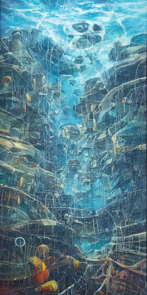 Prompt: an underwater city with a failing force field water is starting to flood the city sparks dance across the surfaces the city pushes upwards fighting the flow of both water and time, oil painting, comic artwork, glossy