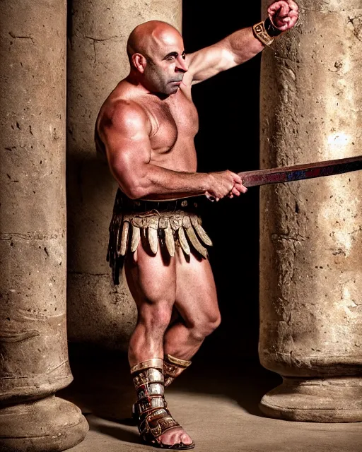 Prompt: high quality photo of joe rogan as a gladiator in the roman colliseum, ornate, masterpiece, cinematic composition, studio lighting,