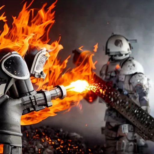 Image similar to angry man in juggernaut armor burning a desktop tower pc with a military flamethrower