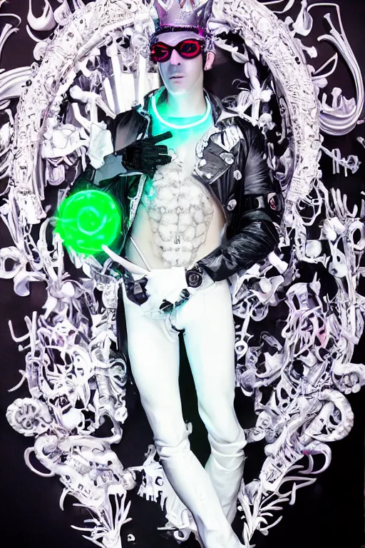 Image similar to full-body rococo and cyberpunk style neon statue of a young attractive Tanner Buchanan wearing cholo shades macho android sim roupa reclining con las piernas abertas, glowing white lasers, glowing eyes, white prince crown, black gears, diamonds, swirling mint-colored silk fabric. futuristic elements. full-length view. human skulls. large intricate artwork by caravaggio. Trending on artstation, octane render, cinematic lighting from the right, hyper realism, octane render, 8k, depth of field, 3D