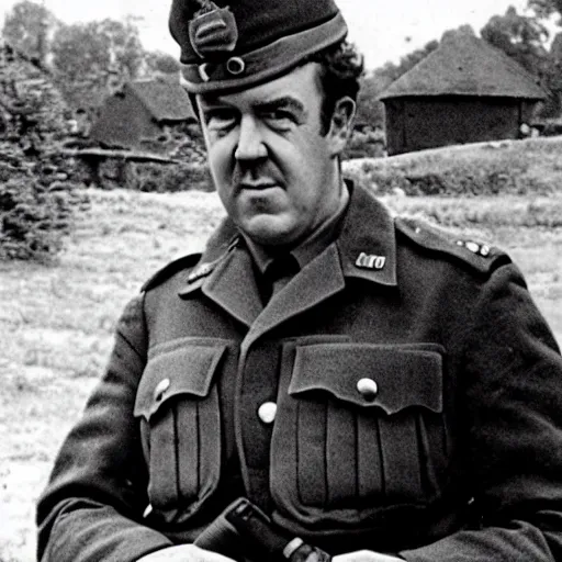 Image similar to Jeremy Clarkson as a soldier during WW2, grainy monochrome accurate photo