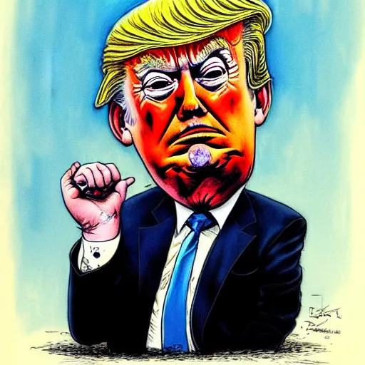 Image similar to : trump looking sad, political cartoon, style of Ralph Steadman