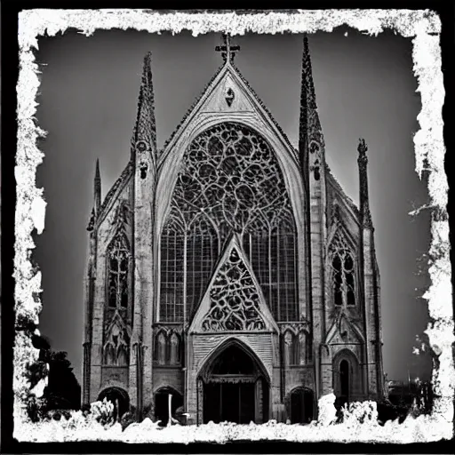 Image similar to A cathedral made out of skulls. Dream like, muted colors, dark, dreary.