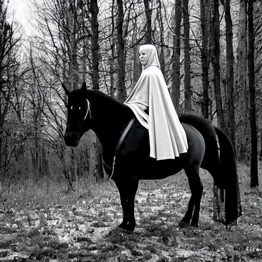 Prompt: Medieval woman princess rider in vintage cloak cape riding a black wild horse. Background green trees spruce forest, spring winter nature melted snow , Kodak TRI-X 400, melancholic