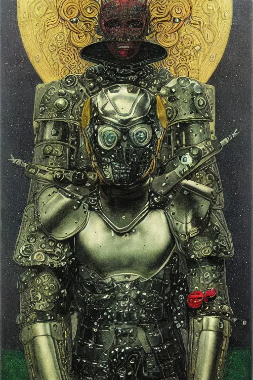 Prompt: portrait of gothic and futuristic young man, warhammer, cyber armor, a lot of scars, thunderstorm, black head, red eyes, some green, the middle ages, highly detailed, artstation, in the style of moebius, jugendstil and classic japanese print, art by gustav klimt, jean delville