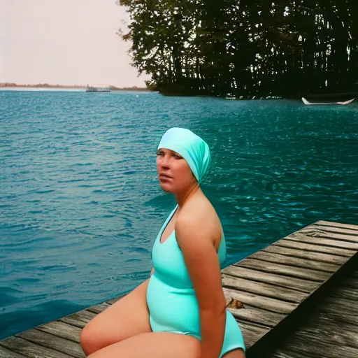 Prompt: a film photography of a woman slender, wearing a mint green one-piece swimsuit, wearing a white shower cap, sitting on a wood dock, low angle 50mm medium shot, Kodak Portra film 800, Leica M6 film camera, light film grain, Lying on back, perpendicular to the camera