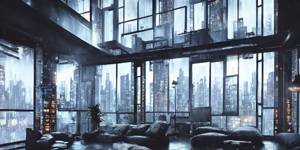 Image similar to Picture of a loft in evening, science-fiction, cyberpunk city, rainy day outside, luxury, interior design, tall windows