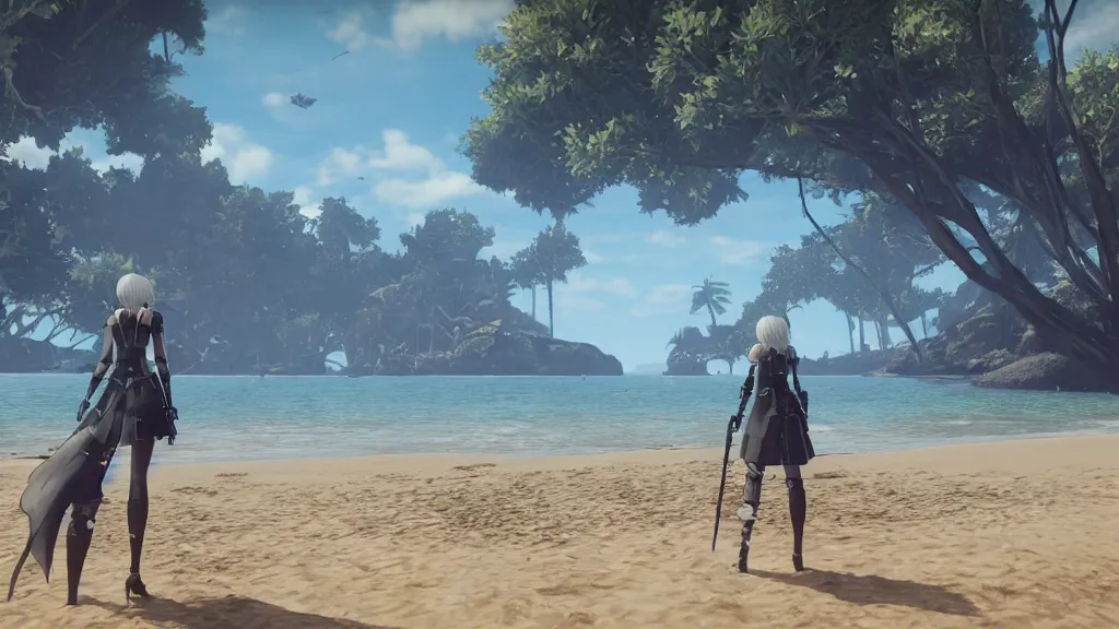 Prompt: Screenshot from Nier Automata, beautiful landscape at a beach