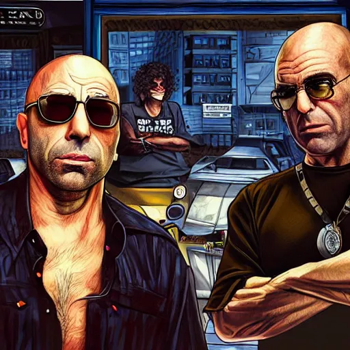 Image similar to Joe Rogan and Howard Stern, in style of Grand Theft Auto, intricate, highly detailed, concept art, smooth, sharp focus, illustration, angry, medium shot, mid-shot