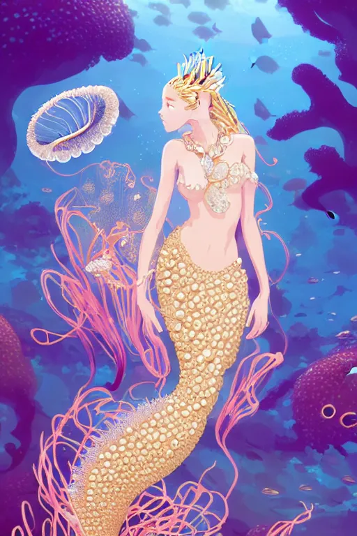 Image similar to a beautiful mermaid queen of the ocean in the middle of coral reefs, pearl and gold and crystal jewelry, complex and shiny dress inspired by jellyfish, by ross tran and atey ghailan, by greg rutkowski, by greg tocchini, by james gilleard, by joe fenton, by kaethe butcher, dynamic lighting, grunge aestheti