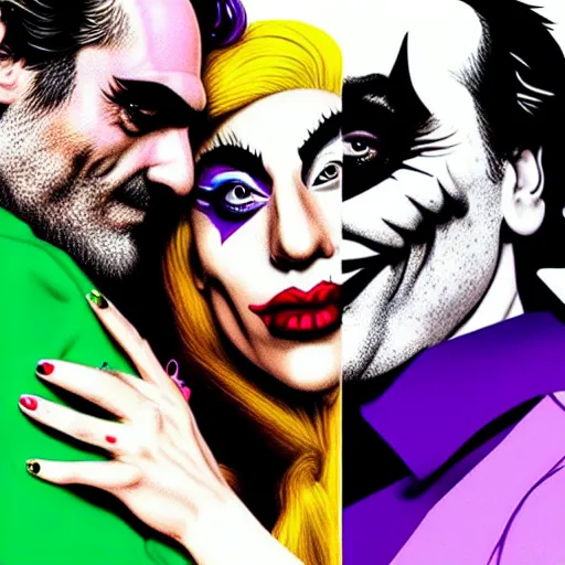 Prompt: richard hamilton and mimmo rottela as lady gaga harley queen and joaquin phoenix joker couple kissing, pop art, 2 color, left and right align, object details, dynamic composition, 4 k, ultra realistic art, smooth, sharp focus, illustration, concept art, intricate details, h 7 6 8