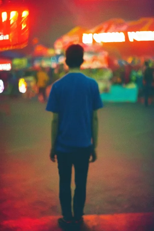 Image similar to agfa vista 4 0 0 photograph of a guy standing in the middle of a carnival, back view, synth vibe, vaporwave colors, lens flare, moody lighting, moody vibe, telephoto, 9 0 s vibe, blurry background, grain, tranquil, calm, faded!,