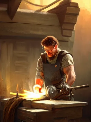 Image similar to a blacksmith striking a hammer in its anvil. working at his forge. intricate, elegant, highly detailed, digital painting, artstation, cinematic shot, concept art, sharp focus, illustration, by justin gerard and artgerm 8 k