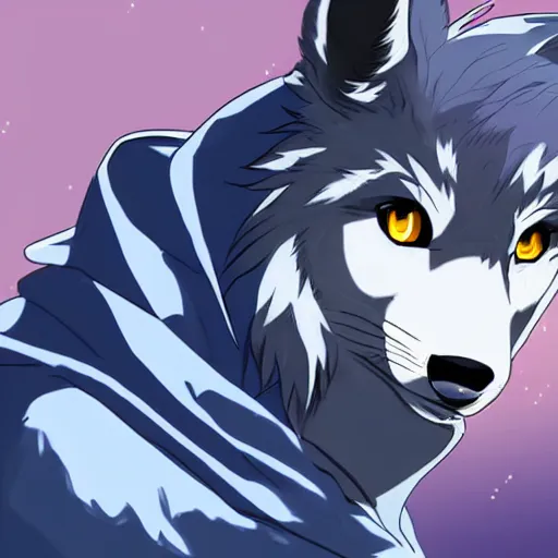 Image similar to key anime visual portrait of a handsome male anthro wolf furry fursona with beautiful eyes, wearing a hoodie, official modern animation