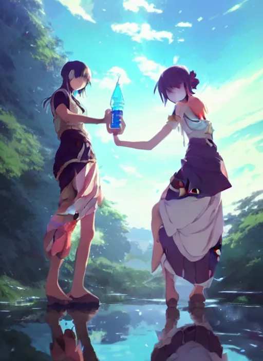 Image similar to 2 girl in fantasy clothes playing water. illustration concept art anime key visual trending pixiv fanbox by wlop and greg rutkowski and makoto shinkai and studio ghibli