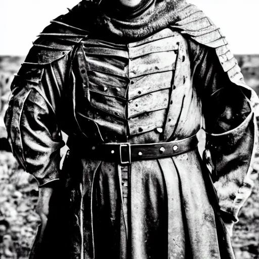 Image similar to Medieval squire with medieval clothes. Standing in the mud. Face closeup. Black & White photo.