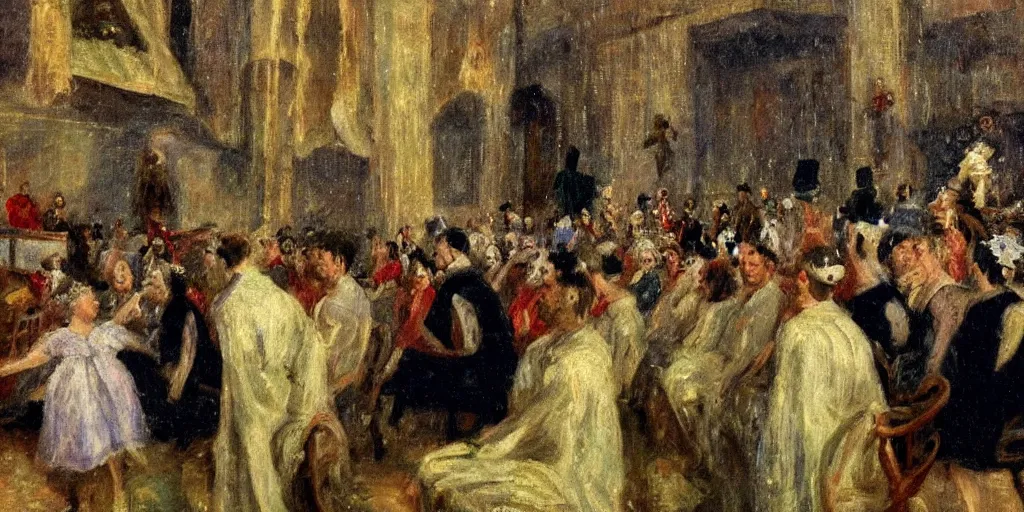 Image similar to an audience full of tall terrifying aliens in robes. They are watching a human ballet. in the victorian era. in the style of an impressionist painting.