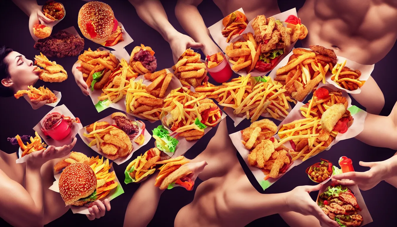 Image similar to aesthetic human bodies, fighting over scraps of fast food, hyper realistic photo, full colour, upscale, 8 k