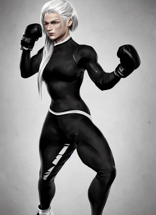 Image similar to a highly detailed illustration of fierce ponytail platinum blonde woman wearing black mma gear and gloves, dramatic muay thai kick stance pose, fairly muscular, athletic, intricate, elegant, highly detailed, centered, digital painting, artstation, concept art, smooth, sharp focus, league of legends concept art, WLOP