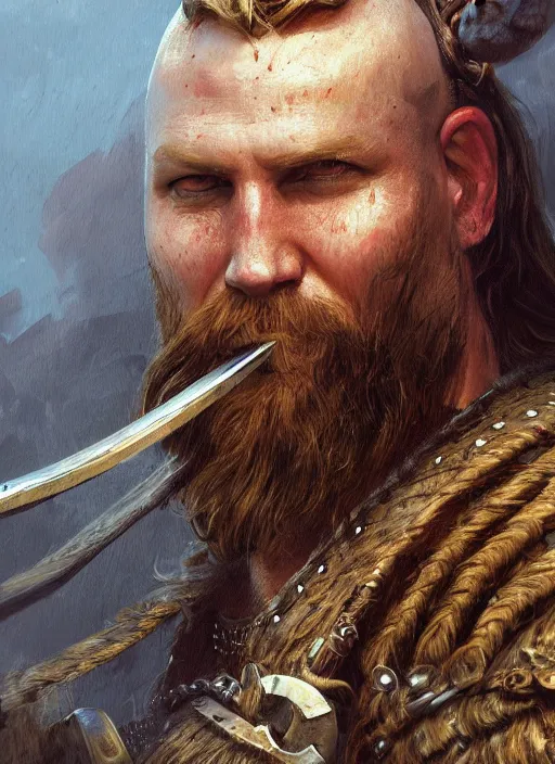 Image similar to ! dream highly detailed painting of a viking cleric warrior by jon foster, high fantasy, trending on artstation