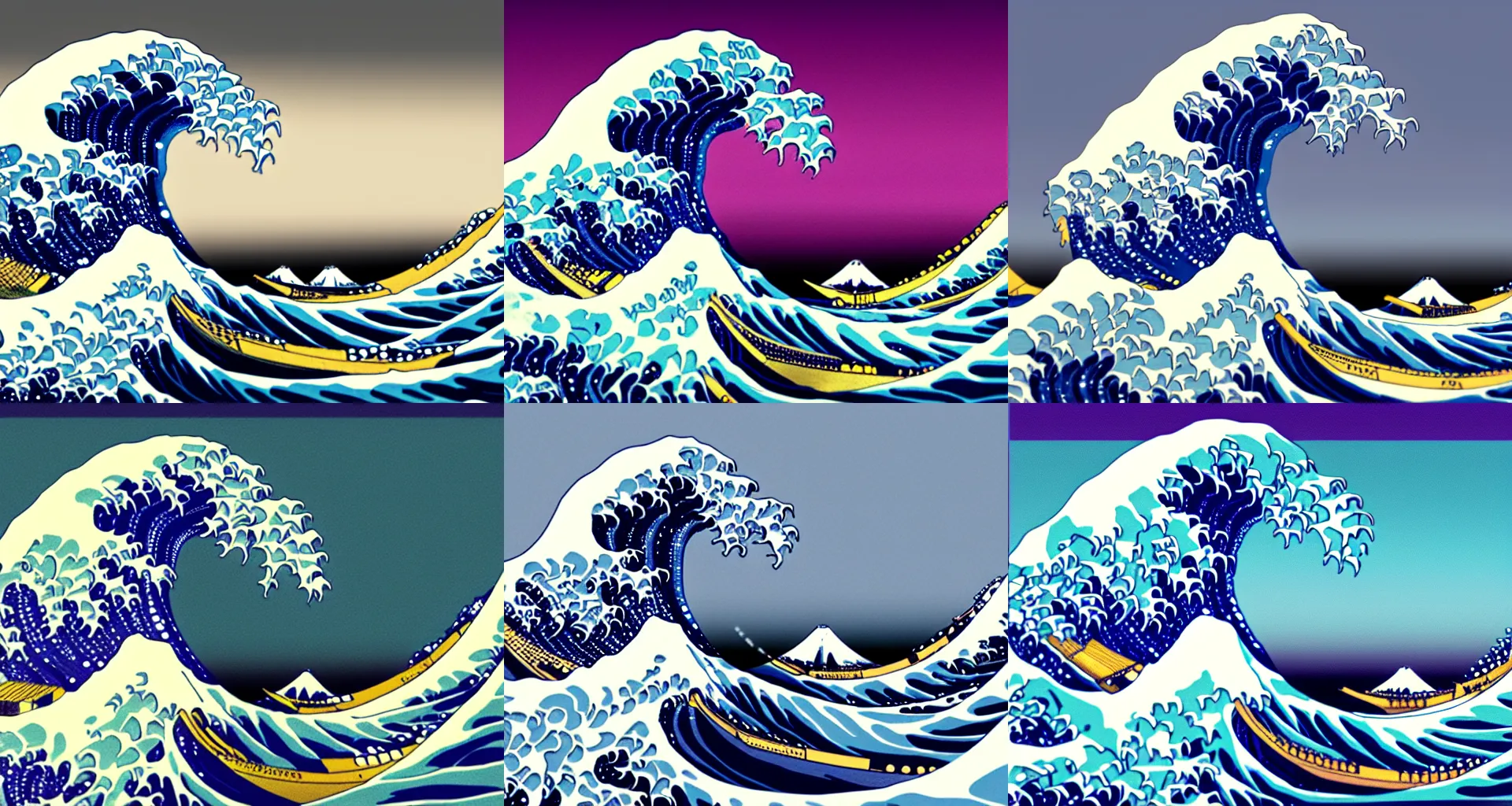 Prompt: The Great Wave Off Kanagawa, synthwave, low polygon, wireframe
