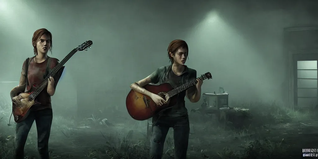 ellie from last of us playing guitar in a dark, Stable Diffusion