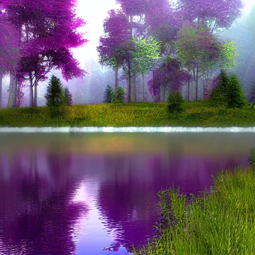 Prompt: A lake covered in purple mist. Award-winning digital art; trending on ArtStation