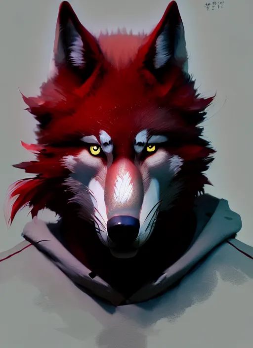 Prompt: award winning portrait of a male anthropomorphic dark gray wolf red hair. character design by cory loftis, fenghua zhong, ryohei hase, ismail inceoglu and ruan jia. artstation, artistic lighting, highly detailed, photorealistic, fantasy