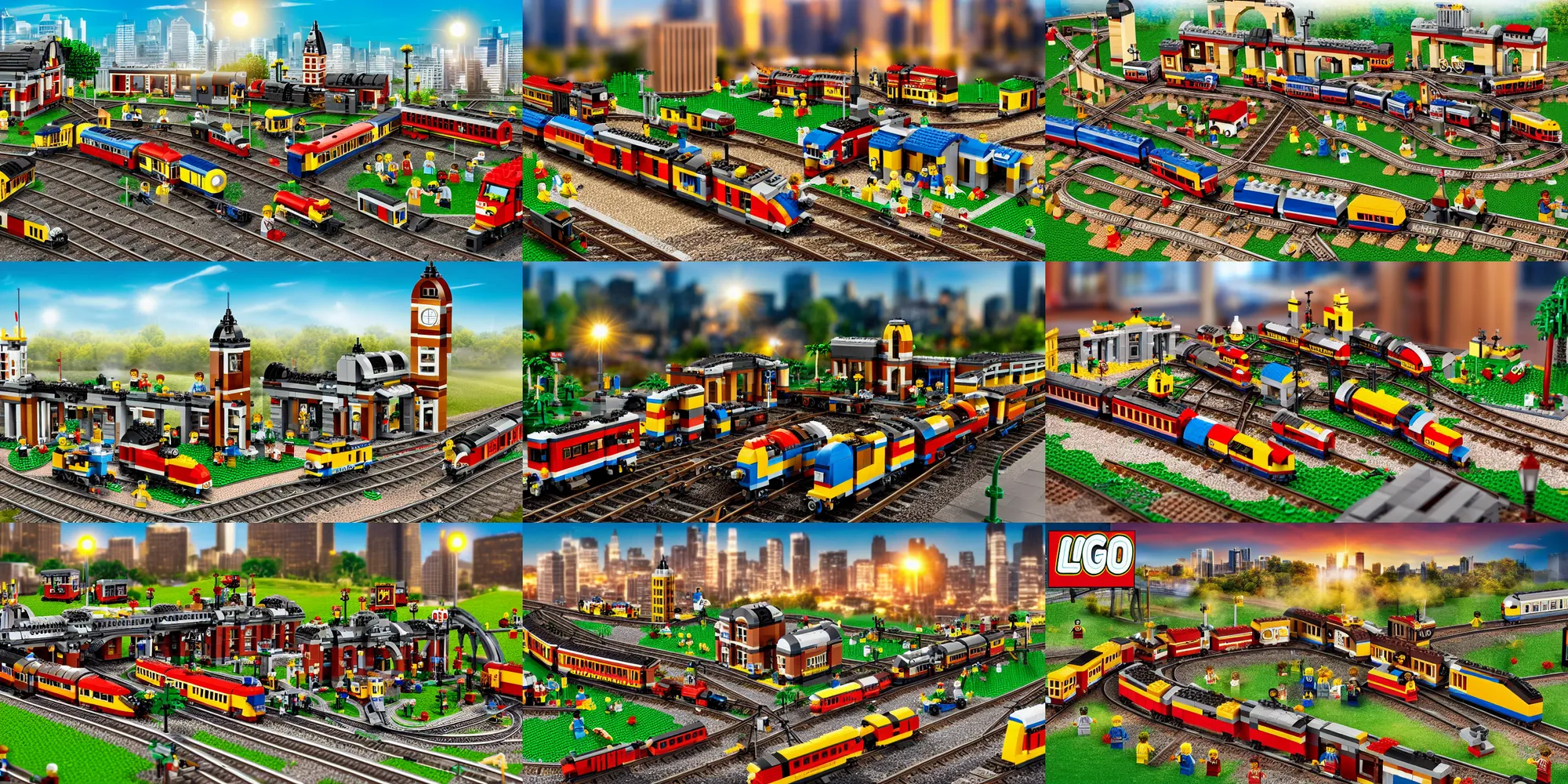 Prompt: lego town with railway station and train, highly detailed, photo realistic, depth of field, dusk, golden hour