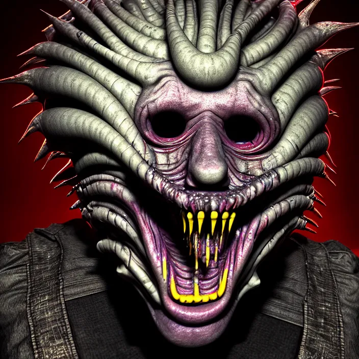 Image similar to gary busey as a monster designed by hr giger, colorful horror video game, sci fi horror,, body horror, unreal engine, octane render, depth of field, cycles render, hd