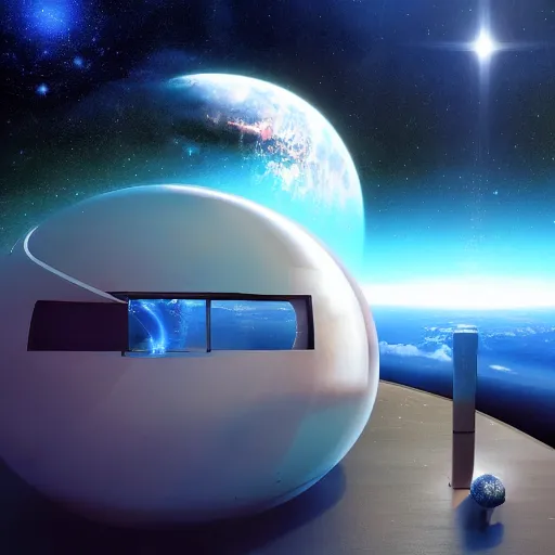 Prompt: modern futuristic home in space with view of planet and nebula galaxy background detailed airbrushed painting 4 k
