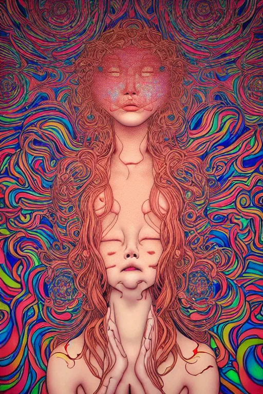 Image similar to realistic detailed image of women floating in a padded room, conjuring psychedelic background, part by takato yamamoto, part by alex gray, ross tran, james jean, ultra realistic, octane render, highly detailed, 8 k, trending on artstation, cosmic, symmetry, masterpiece