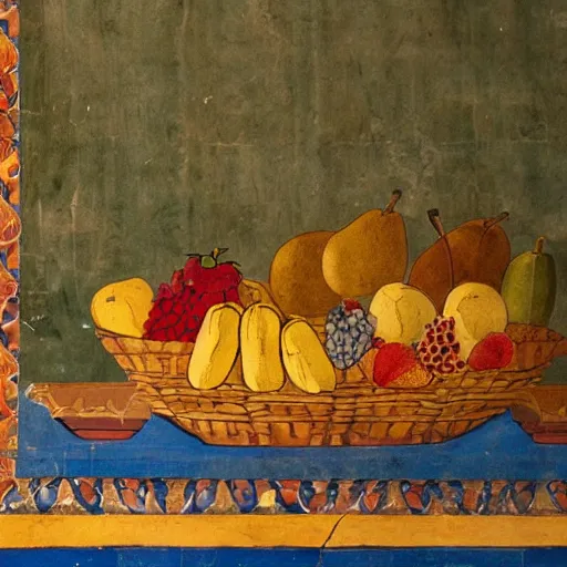 Prompt: a fruit basket on top of a kitchen table, ancient egyptian mural