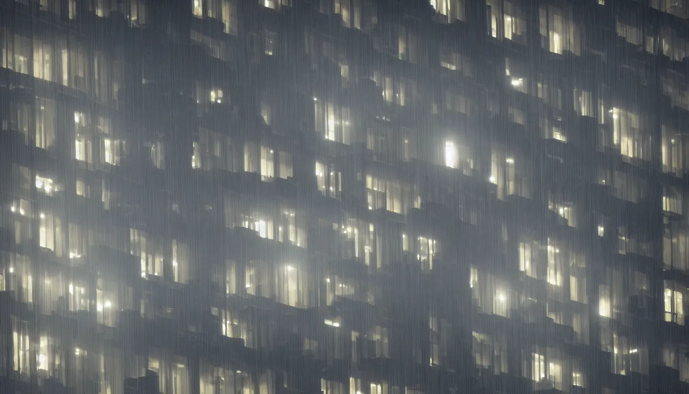 Prompt: Spying into the windows of a small tower block from outside , observing the private lives of the human inhabitants, volumetric lighting shines through the misty nighttime sky