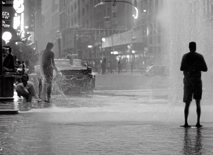 Image similar to a 3 5 mm photo from the back of people playing in splashing water from an open fire hydrant in the streets of new york city in the 1 9 6 0 s, bokeh, canon 5 0 mm, cinematic lighting, dramatic, film, photography, golden hour, depth of field, award - winning, 3 5 mm film grain