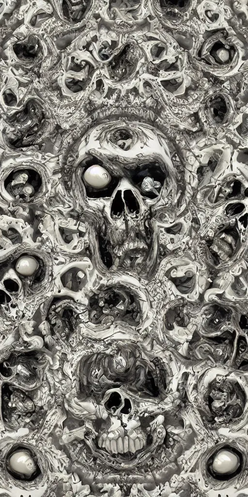 Image similar to infinite fractal complexity, skulls, smurf, sycamore, porcelain, 8k, intricate insane detail, 8k, style of Salvador dali