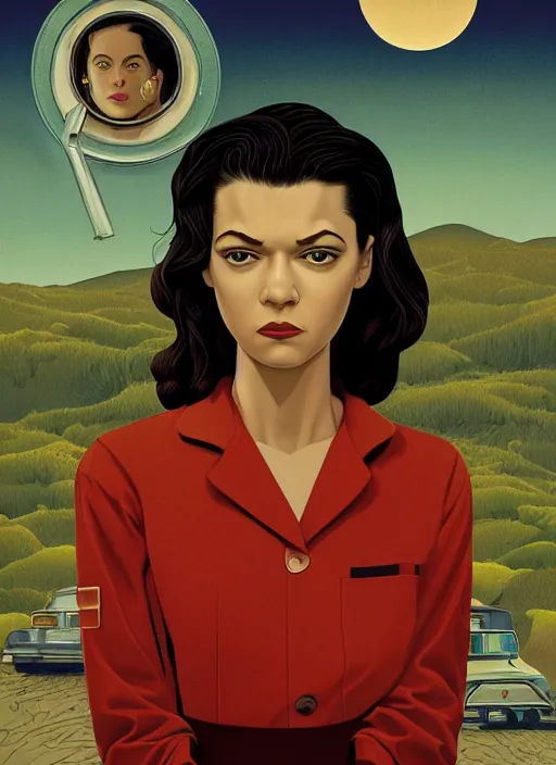 Image similar to Twin Peaks poster artwork by Michael Whelan, Bob Larkin and Tomer Hanuka, Karol Bak of portrait of Zendaya is a high school student working at the diner wearing waitress dress, from scene from Twin Peaks, simple illustration, domestic, nostalgic, from scene from Twin Peaks, clean