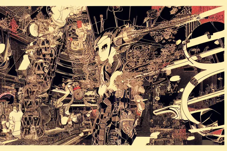 Image similar to futuristic japanese cyberpunk bladerunner silk screen by utagawa yoshiiku, ohara koson, pixiv contest winner, cyberpunk style, cyberpunk color scheme, mechanical, robotic, human machine interface, high resolution, hd