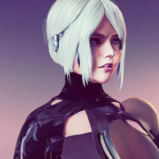 Prompt: illustration gta 5 artwork of 2 b nier automata, in the style of gta cover art, by stephen bliss, trending on artstation, pixiv, 8 k stephen bliss, unreal engine, greg rutkowski, rhads, beeple, ilya kuvshinov, rossdraws, tom bagshaw, alphonse mucha, global illumination, god rays, detailed and intricate environment