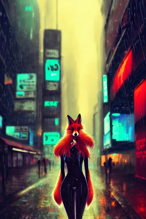 Image similar to beautiful portrait of an extremely tall female anthro fox, smoking a cigarette in the rain, towering over the crowds in a wet street of a city, cyberpunk, harsh neon lights, highly detailed, deep shadows, digital painting, shallow depth of field, illustration, art by sakimichan, artgerm