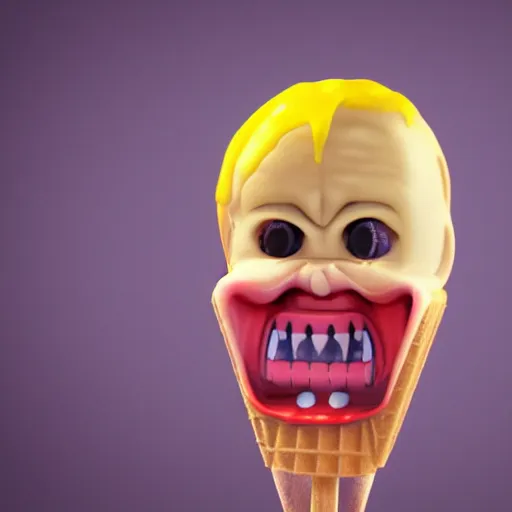 Image similar to ice cream popsicle shaped like screaming chucky doll, octane render, centered, highly detailed