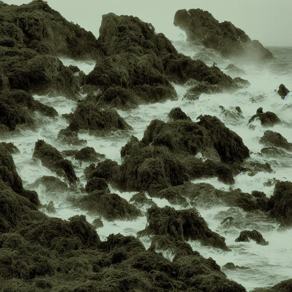 Image similar to dark and moody 1 9 7 0's artistic spaghetti western film in color, a group of women in a giant billowing wide long flowing waving green dresses, standing inside a green mossy irish rocky scenic landscape, crashing waves and sea foam, volumetric lighting, backlit, moody, atmospheric, fog, extremely windy, soft focus