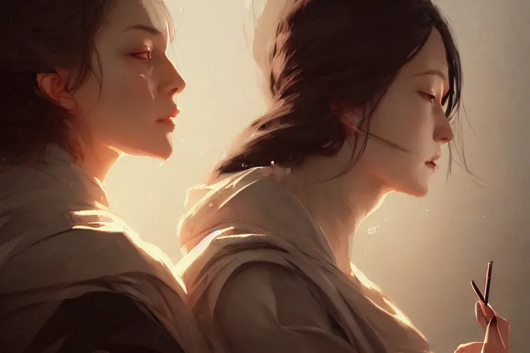 Image similar to portrait of two wise and very beautiful women discussing some texts, art by guweiz and greg rutkowski, intricate, elegant, highly detailed, smooth, sharp focus, artstation