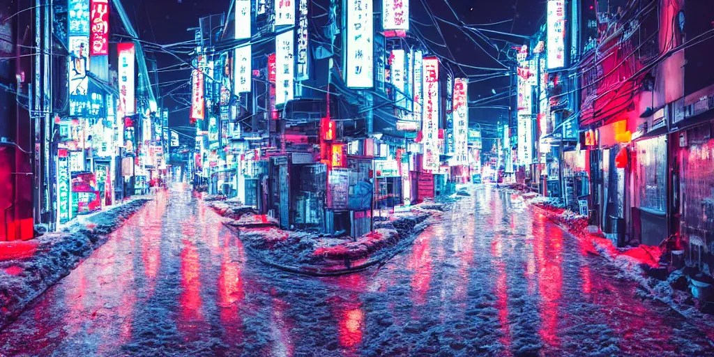 Prompt: a city street at night, snowing, photograph, cyberpunk, sharp focus, intricate detail, drone shot, high resolution, 8k, neon streetlights, wires hanging down everywhere, Japan, colourful