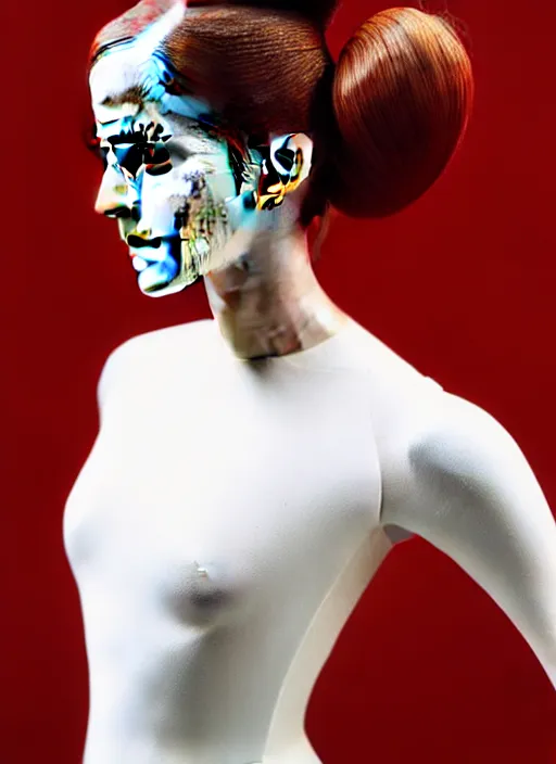 Image similar to emma watson portrait of a woman wearing a red embroidered translucent silicone mask and frizzy hair buns, wearing a white bodysuit by alexander mcqueen, white background, soft diffused light, biotechnology, futuristic aesthetic, translucent, ethereal, intricate details, highly detailed, masterpiece,